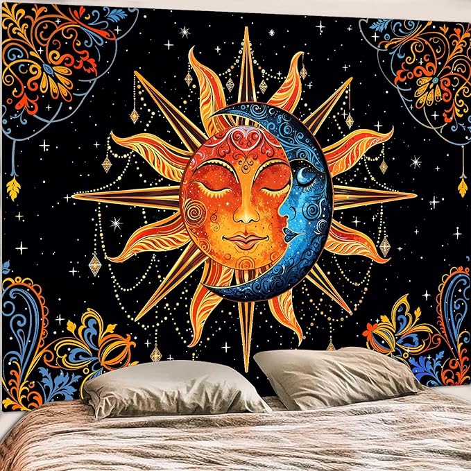 Lunerfex Sun and Moon Tapestry Mandala Wall Tapestry, Cute Tapestries for Bedroom Ceiling Tapestries Wall Hanging for Bedroom Living Room Decor Sun-1 44"x60"