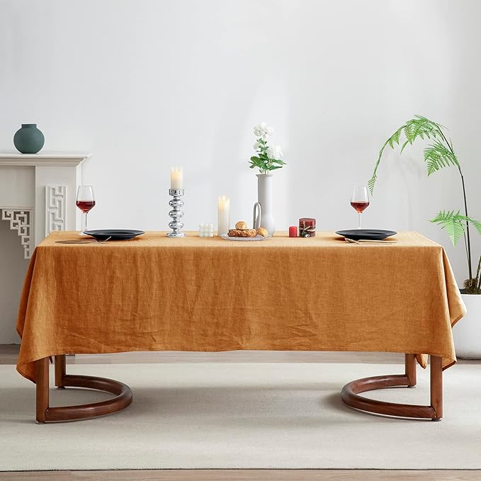 EVERLY 100% Pure Linen Rectangle Tablecloths 60x120Inches for Dining,Buffet Parties,Picnic,Events,Weddings and Restaurants,Decorative Halloween,Thanksgiving Machine Washable Tablecloths-Caramel