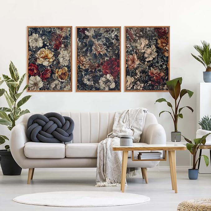 Aurlan Dark Moody Boho Wildflowers Wall Art Set(16"x24"), 3 Pieces Vintage Mid Century Modern Floral Framed Canvas Artwork, Large French Penoy Botanical Wall Decor for Office Bedroom Living Room