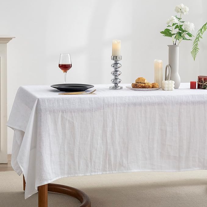 EVERLY 100% Pure Linen Rectangle Tablecloths 60x108 Inches for Dining,Buffet Parties,Picnic,Events,Weddings and Restaurants,Decorative Halloween,Thanksgiving Machine Washable Tablecloths-White
