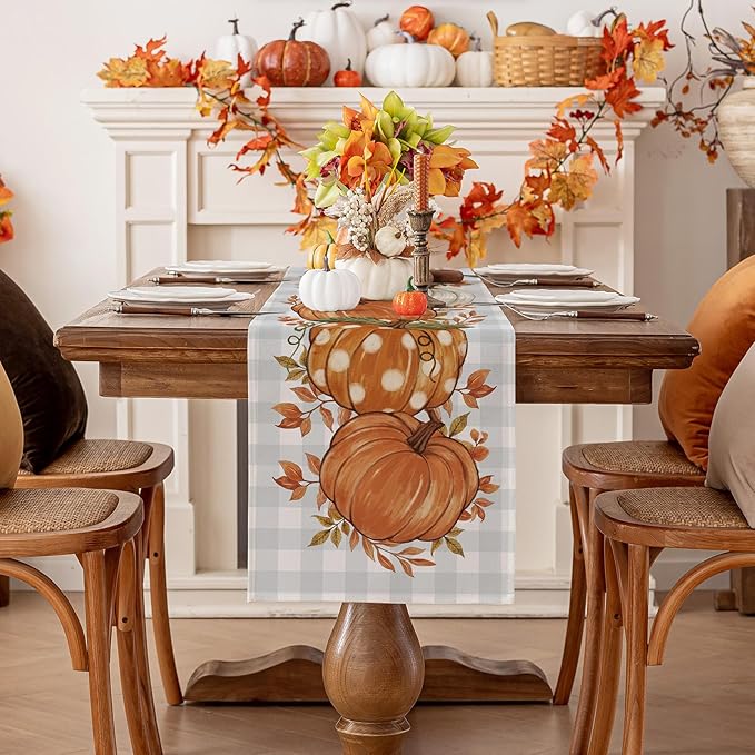 Romanstile Pumpkin Leaves Fall Table Runner, Buffalo Plaid Autumn Thanksgiving Harvest Farmhouse Style Table Decoration for Dining, Party, Holiday - 13x60 Inch, Grey Blue