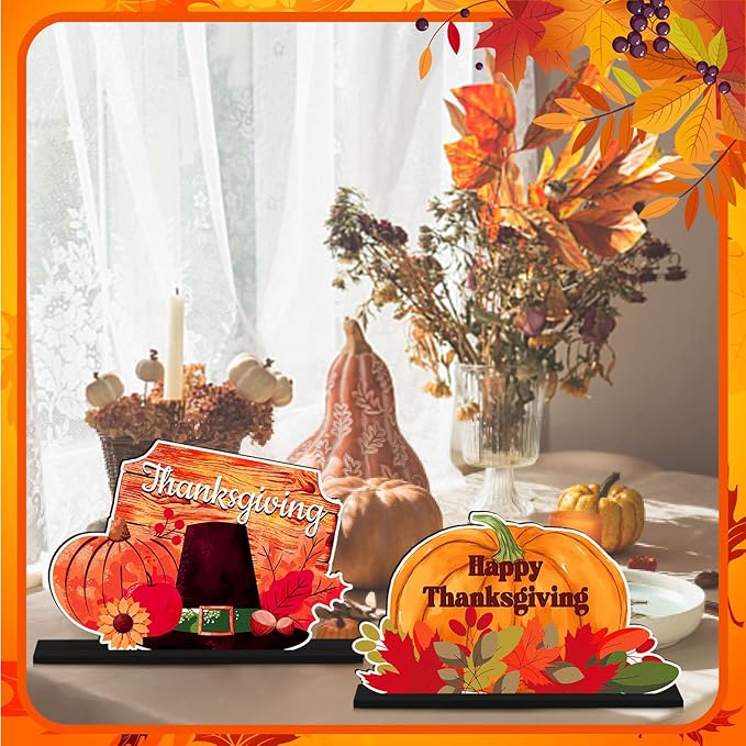 6 Pcs Thanksgiving Wooden Table Decorations Happy Harvest Party Supplies Thanksgiving Turkey Pumpkin Table Centerpieces for Home Indoor Give Thanks Be Thankful Holiday Party Decor