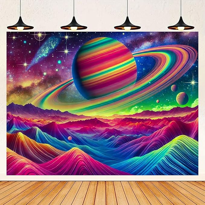BlissYard Psychedelic Saturn Landscape UV Black Light Tapestry 78x59 Inches Art Color Neon Light Background Bedroom Living Room Wall Party Decoration Galaxy Planet Ringed Space Mountain Sci-Fi Scene