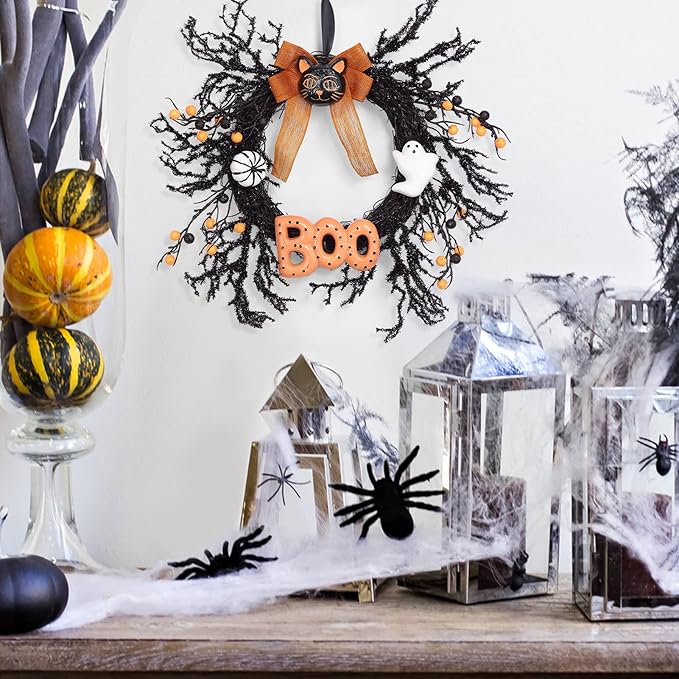 Adeeing Halloween Wreaths for Front Door, 18Inch Halloween Wreath with Black Cat Boo Sign White Pumpkin and Ghost for Indoor Outdoor Window Proch Halloween Decoration