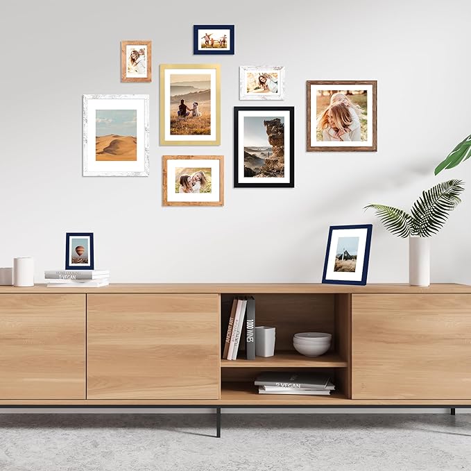 10x14 Picture Frame Set of 4, 10 x 14 Wood Photo Frames with Mat for 8x12 or 30x40cm Diamond Painting Art, Wooden Frame with Real Glass Cover for Wall and Tabletop Display,Rustic Brown