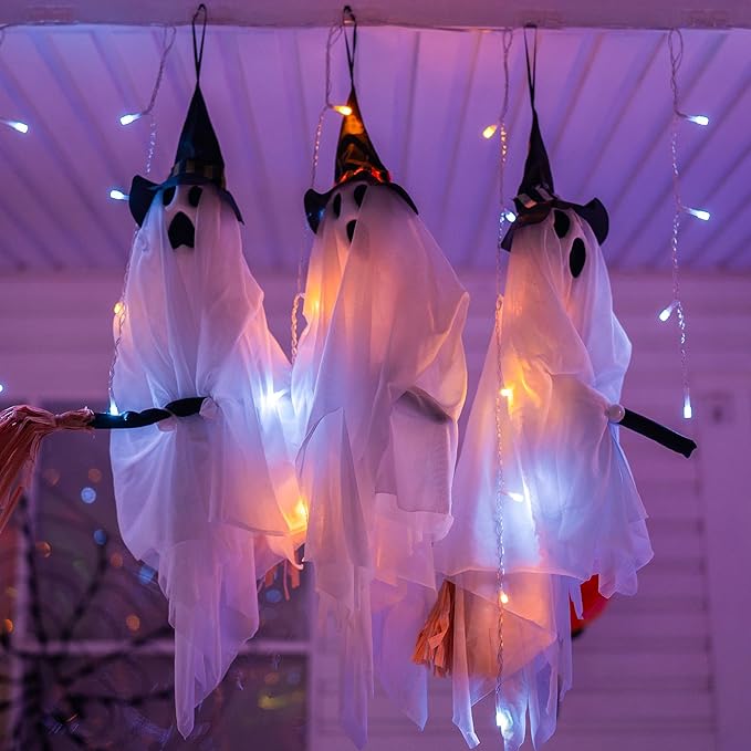 Hourleey Halloween Hanging Ghosts Decorations, 3 Pack 23" Cute Flying White Ghost with Broom, Halloween Decor Outdoor for Front Yard Patio Lawn Garden Party Porch