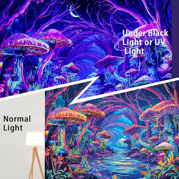 Yuiqear Blacklight Forest Tapestry UV Reactive Mushroom Tapestries Fantasy Landscape Wall Decor Aesthetic Plant Floral Tapestry Wall Hanging for Bedroom
