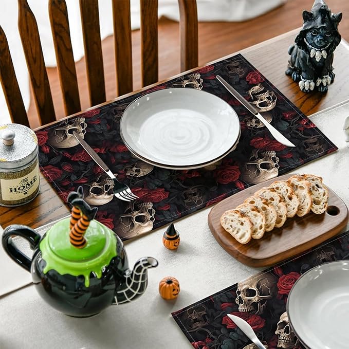 Halloween Skull Rose Placemats, Washable Heat Resistant 12×18 Inch Table Mats Floral Place Mats for Party Outdoor Decoration Kitchen Dining Décor
