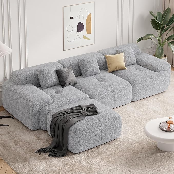 122" Modern L Shaped Modular Sectional Sofa, Boneless Couches for Living Room with Ottoman,4 Seater Convertible Chenille Cloud Couch Sofa Set, No Assembly Required, Light Grey 1 PCS