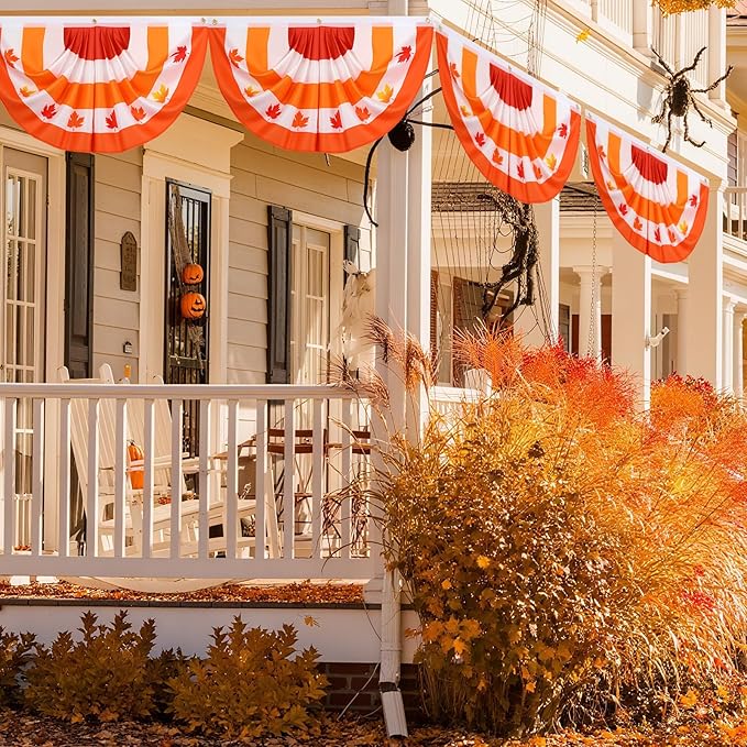 6 Pcs Fall Bunting Outdoor Flag for Outside 3 x 1.5 ft Fall Banner Leaf Pattern Hanging Pleated Bunting Fan Flag Autumn Thanksgiving Outdoor Decorations for Holiday Party