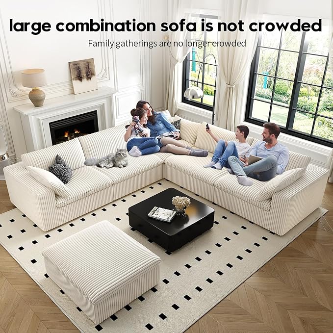 118" Cloud Couch Oversized Modular Sectional Sofa for Living Room,Modern Sofa with Deep Seat,6 Seater Boneless Couch,Comfy Upholstered Corduroy Couches for Apartment, Studio, Office,Bedroom,White