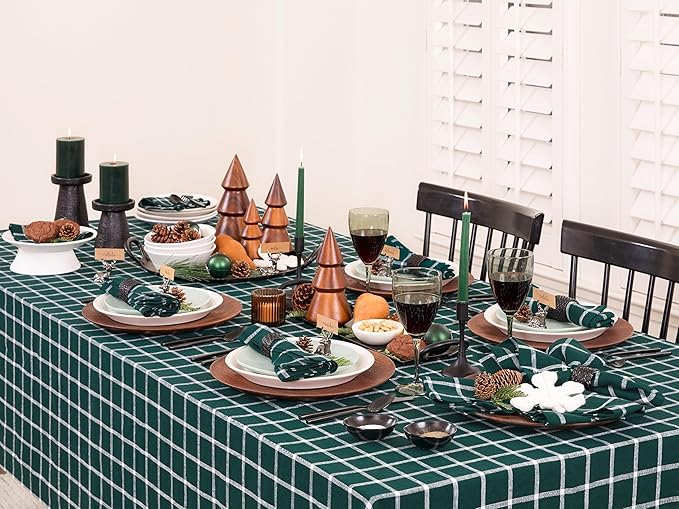 Solino Home Linen Tablecloth 60 x 90 Inch - 100% Pure Linen Windowpane Dark Green Table Cloth for Rectangle Tables - Machine Washable Tablecloth