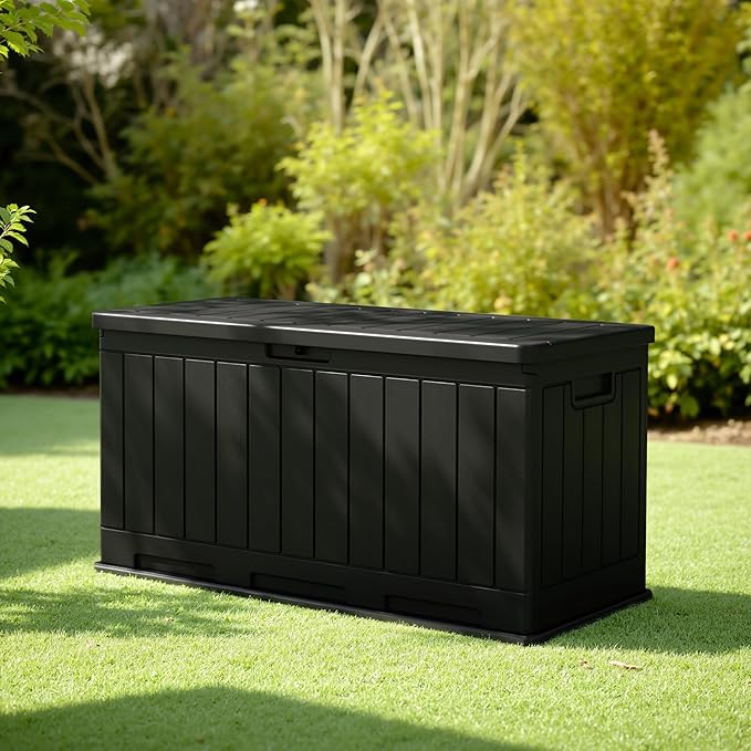 JUMMICO 90 Gallon Waterproof Resin Deck Box, Double Wall Outdoor Storage Box with Lockable Lid for Garden Tools, Patio Cushions, Pools (Black)