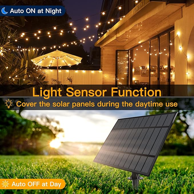 Ollny 110FT Solar String Lights for Outside, Waterproof Remote Control Dimmable Timers 3Modes Outdoor Light with 50 LED + 2 Spare Shatterproof Bulb, G40 Hanging Lights for Patio Pool House Garage