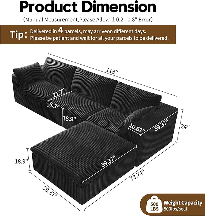 118" L Shaped Modern Sofa Modular Sectional Cloud Couch with Ottoman,Deep Seat Upholstered Couches with Plush Corduroy Fabric for Living Room Furniture,Bedroom and Apartment,No Assembly Required,Black