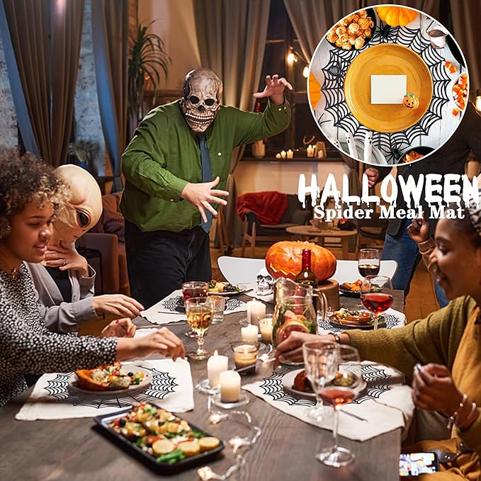 Sfcddtlg 6 Pcs Halloween Spider Web Placemats, 15" Heat Insulation Halloween Placemats Spider Web Table Mats, Hollow Out Spiderweb Coasters Placemat for Dining Table Party Decoration