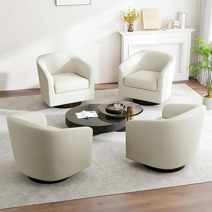 Swivel Barrel Accent Chair, Modern Round Linen Arm Chair for Living Room, Bedroom, Comfy Club Reading Chairs for Adults(Linen Fabric, Beige, Set of 4