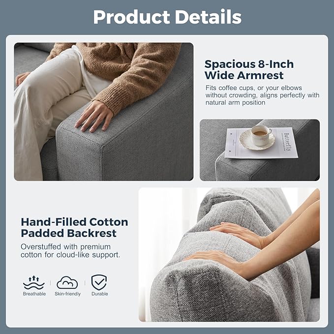 112" L Shaped Sectional Sofa with Detachable Sofa Cover, Reversible Sectional Modular Couch for Living Room, Linen Fabric Corner Couch with 7 Seats, Grey