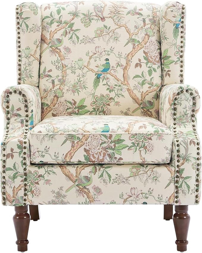 UIXE High Back Floral Accent Chairs Set of 2, Fabric Upholstered Armchair for Living Room, Retro Printed Wingback Arm Chair Rivet Trimed Single Sofa Bedroom Reading Seat - Bird