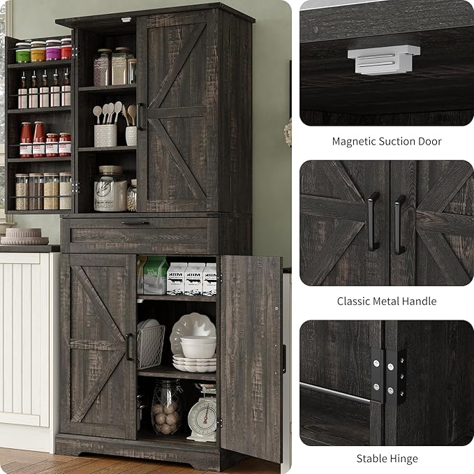 72'' Kitchen Storage Pantry Cabinet, Tall Storage Cabinet with 8 Door Shelves, 2 Cabinets and 1 Drawer, Freestanding Cupboard for Kitchen, Dining Room, Bathroom, Laundry, Living Room, Dark Rustic Oak