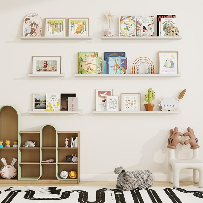 Picture Ledge Shelf, Solid Pine Wood Floating Shelves Set of 2, 32 Inches Nursery Book Shelves for Toys Storage, Kids Bookshelf Wall Mounted for Living Room Bedroom Decor Books Photo Frames, White