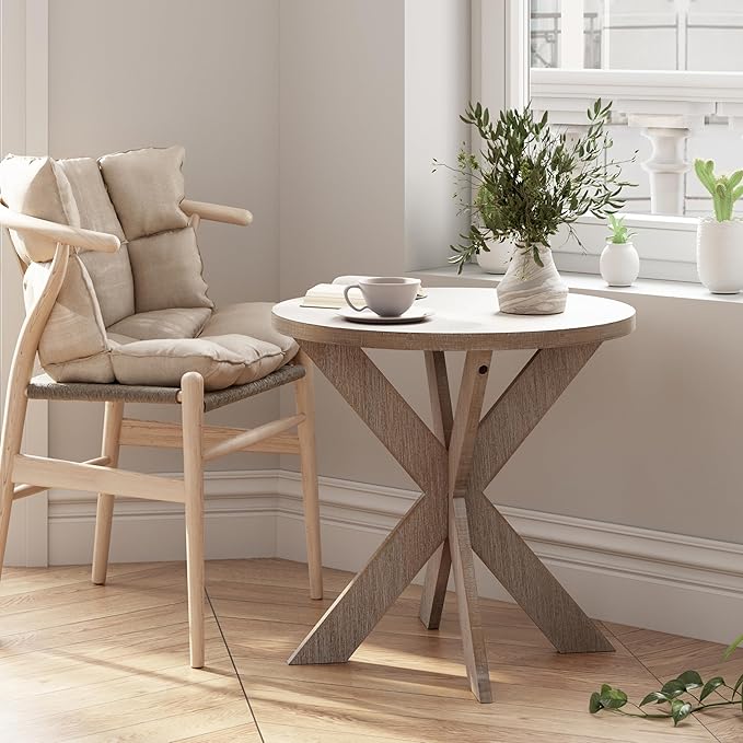 Farmhouse Cross Leg end Table, French Country Accent Side Table for Family, Dinning or Living Room, Small Spaces, Modern, Round, Vintage Grey Finish.