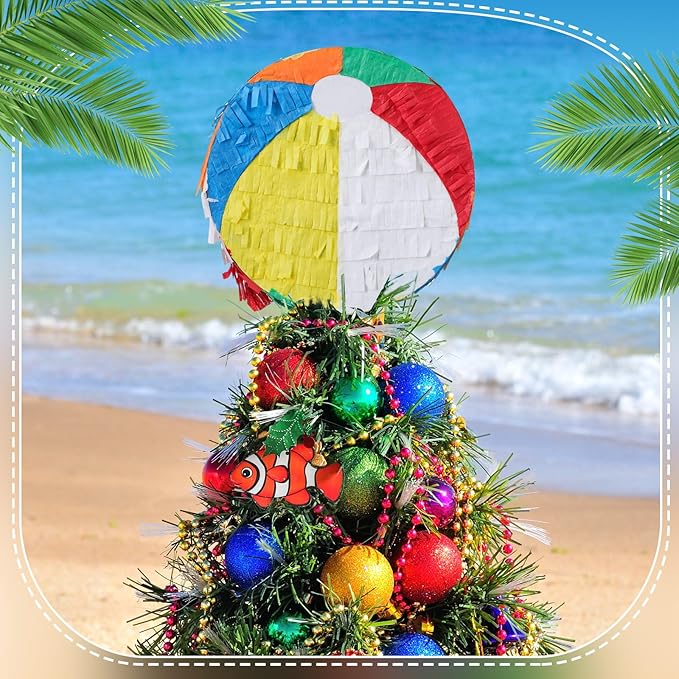 Retisee 7.8'' Summer Beach Ball Tree Topper Hawaiian Party Decoration Summer Tree Ornaments Pool Party Supplies for Home Indoor Holiday Outdoor Beach Decor