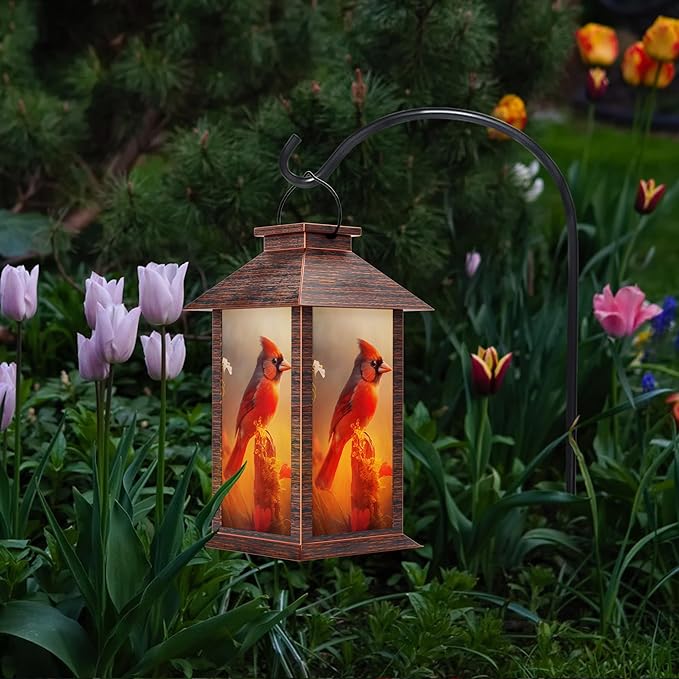 Solar Lanterns Outdoor, Waterproof Cardinal Garden Hanging Lanterns with LED Flickering Flameless Candles, Lantern Decor Birthday Gifts for Women Mom Grandma
