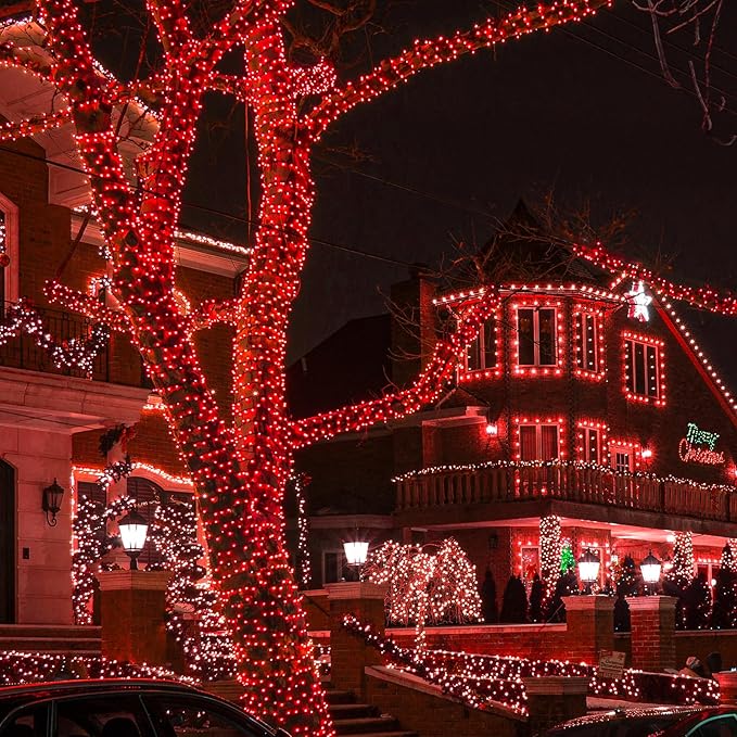 Christmas Lights Outdoor, 66FT 200 LED Christmas Tree Lights with 8 Modes Waterproof, Plug in Green Wire String Twinkle Light for Indoor Bedroom Patio Wedding Holiday Decorations, Red