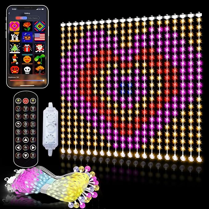 Animated Decorations Outdoor Indoor Smart Curtain String Lights Remote APP Control 3.3 x 3.3Ft 400LED RGB Color Changing Waterproof DIY Hanging Window Backdrop Fairy Light Programmable Music Sync