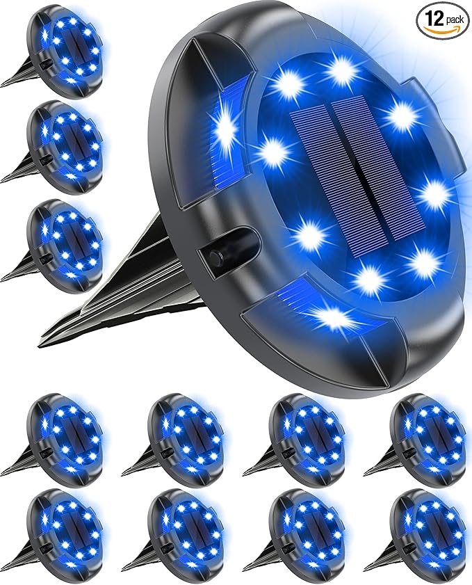 Biling Solar Pathway Lights Outdoor Uplight Sidelight, 12 Packs Blue Bright Solar Ground Lights Waterproof for Yard Walkway Garden Halloween Decorations