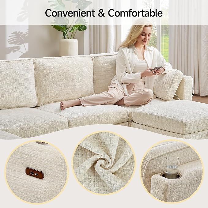 110" Modular Sectional Sofa, Convertible Sleeper Sofa Couch Bed with Adjustable Backrest, U-Shaped Chenille Cloud Couch with Ottoman Storage, Deep Seat Couches for Living Room,Beige