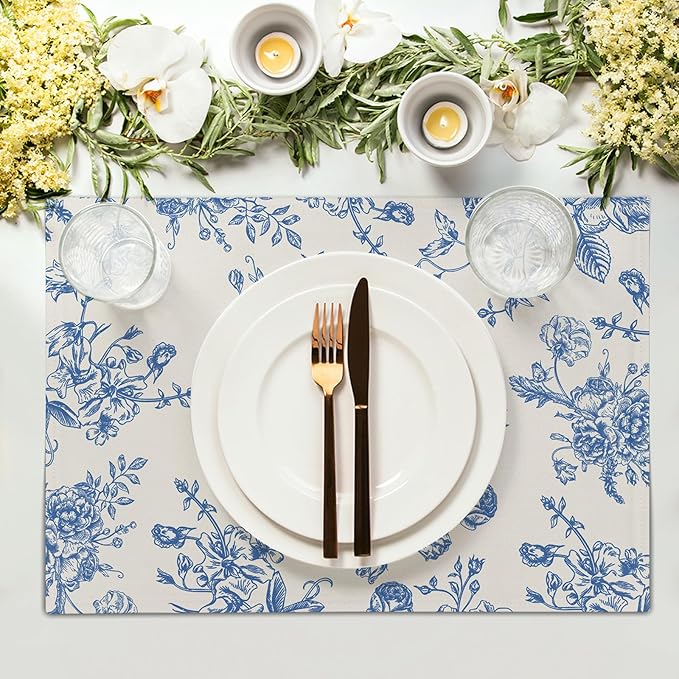 Blue Floral Placemats Set of 4 Vintage Flower Blue and Cream Washable Non-Slip Heat Resistant Place Mats 12x18 Inch Spring Summer Linen Table Mats for Kitchen Dining Party Decor