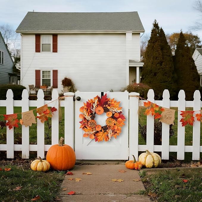 20 Inch Thanksgiving Fall Wreath, Berries Pumpkins Maple Leaves Pine Cones Autumn Wreaths with Hook for Front Door, Fall Decor, Porch Wall Home Outdoor Holiday Decorations Wreath for Autumn