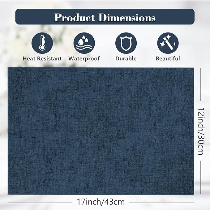 Faux Leather Placemats Set of 6,Heat Resistant Placemats for Dining Table, Easy Clean Non-Slip Place Mats, Waterproof Stain Resistant Wipeable Washable PU Table Mats, (Navy Blue)