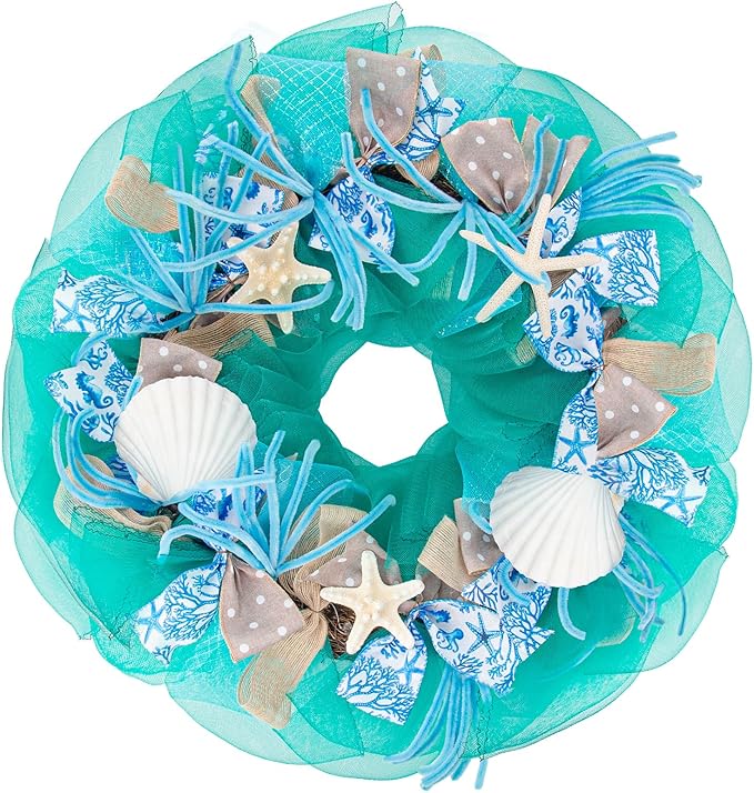 26 Inch Coastal Seashell Large Wreath with Natural Starfish & Scallops Shell, Lake Blue Beach Style Front Door Wreath with for Spring Summer, Farmhouse Rustic Indoor Outdoor Home Wall Wedding Decor