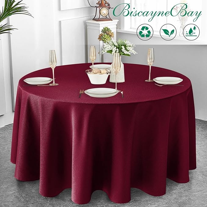 Biscaynebay Textured Fabric Round Christmas Table Cloths 108", Burgundy Water Resistant Washable Folding Table Covers for Dining, Kitchen, Wedding, Parties Machine Washable