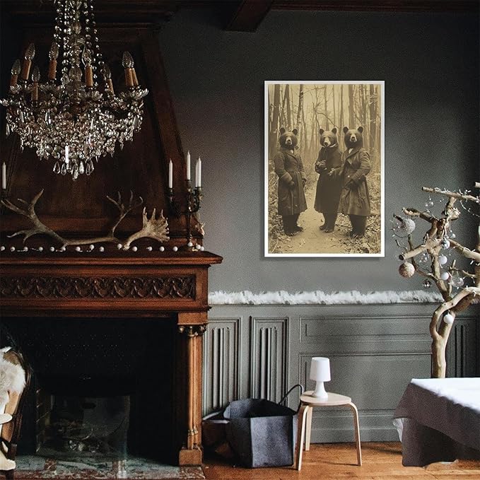 Vintage Horror Halloween Wall Decor Spooky The Three Bears In Occult Forest Spooky Canvas Wall Art Poster Gothic Dark Academia Decorations Room Creepy Print 24X36inch Unframed