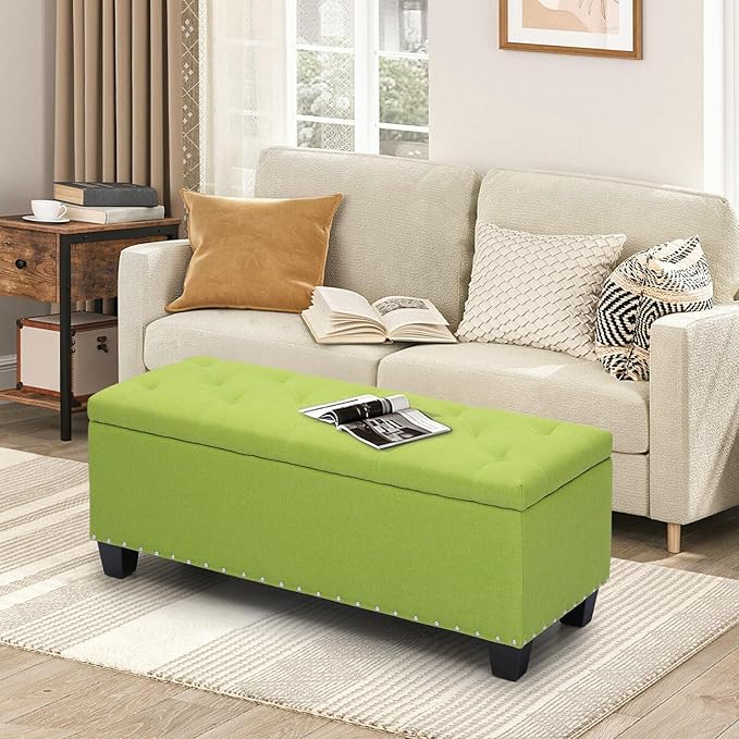 MoNiBloom 42 Inch Long Bench with Storage, Modern 40L Inner Space Green Linen Foot Stool for Bedroom, Upholstered Padded Rectangular Fabric Tufted Bench Footrest with Wood Legs with 660 Lbs Capacity