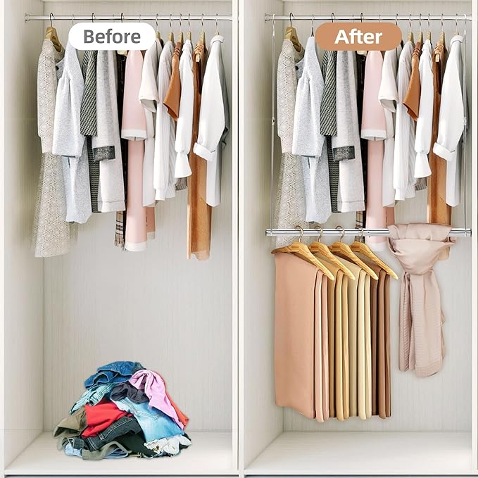 STORAGE MANIAC Hanging Closet Rod, Adjustable Width and Height Closet Hanging Organizer, Space-Saving Clothes Hanging Bar, Closet Extender Hanging Rod Double Closet Hanging Rod, 2 Pack Chrome
