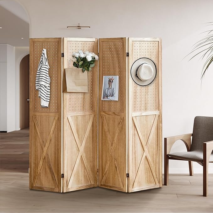 4 Panel Pegboard Wood Room Divider, 5.6Ft Pegboard Display Folding Privacy Screens, Peg Board Display Freestanding for Trade Show Craft Show Home Wall Organizer, Light Brown