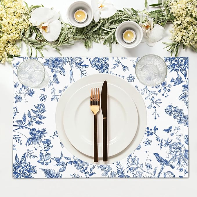 Blue White Floral Placemats Set of 4 Spring Summer Hydrangea Flowers Branches Washable Non-Slip Heat Resistant Place Mats 12x18 Inch Chinoiserie Linen Table Mats for Home Kitchen Dining Party Decor