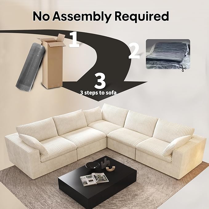 118" V Shaped Corner Modern Sofa Modular Sectional Cloud Couch,Deep Seat Upholstered Couches with Plush Corduroy Fabric for Living Room Furniture,Bedroom and Apartment,No Assembly Required,White