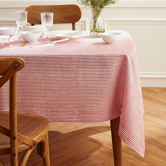 Solino Home Linen Striped Tablecloth 60 x 108 Inch - 100% Pure Linen Red and White Table Cloth for Rectangle Tables - Narrow Stripe, Machine Washable Tablecloth