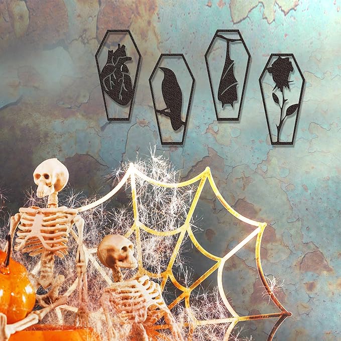 YATEASLU Gothic Coffin Wall Decor Set of 4 Metal Heart, Crow, Bat, Rose Sculptures for Gothic Home Decor, Bathroom, Kitchen, Office - Spooky Halloween Wall Decor with Screws