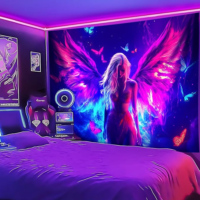 Blacklight Tapestry,WingTapestry Glow In The Dark,UV Reactive Black Light Upright Posters Wall Hanging for Bedroom Dorm Living Room Backdrop Decor (wing6, 79L" x 59W")