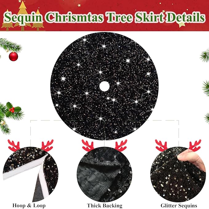 Black Tree Skirt Christmas 21 Inch Decorated Sequin Tree Skirt Velvet Xmas Tree Mat Soft Thick Tree Cover Base Sparkling Small Skirt for Artificial Trees Halloween Supply for Home Family Decorations
