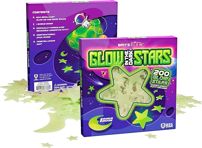Brite Glow in The Dark Stars for Ceiling Kit - 3 Assorted 3D Plastic Star Stickers - Wall Stickers, Kids Room Decor, Fun Ceiling Decor - Starry Night Boy & Girl Stocking Stuffer Fun