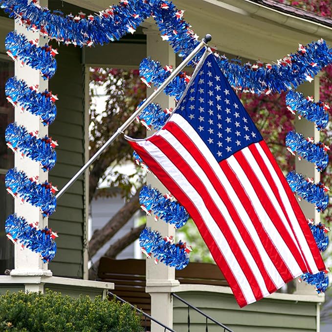 4th of July Patriotic Tinsel Garland Decoration 33FT, Red White and Blue Tinsel Garland with Shiny Star Metallic Garlands,Independence Day Memorial Day Decor for Home Indoor Outdoor