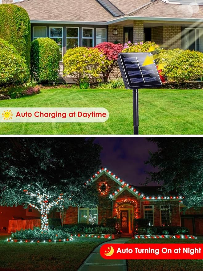4-pack Red and White Solar Christmas Lights Outdoor Waterproof, 400LED 132FT Solar Powered LED String Lights Green Wire with 8 Modes Solar Fairy Lights for Xmas Tree Party Wedding Garden Fence Decor